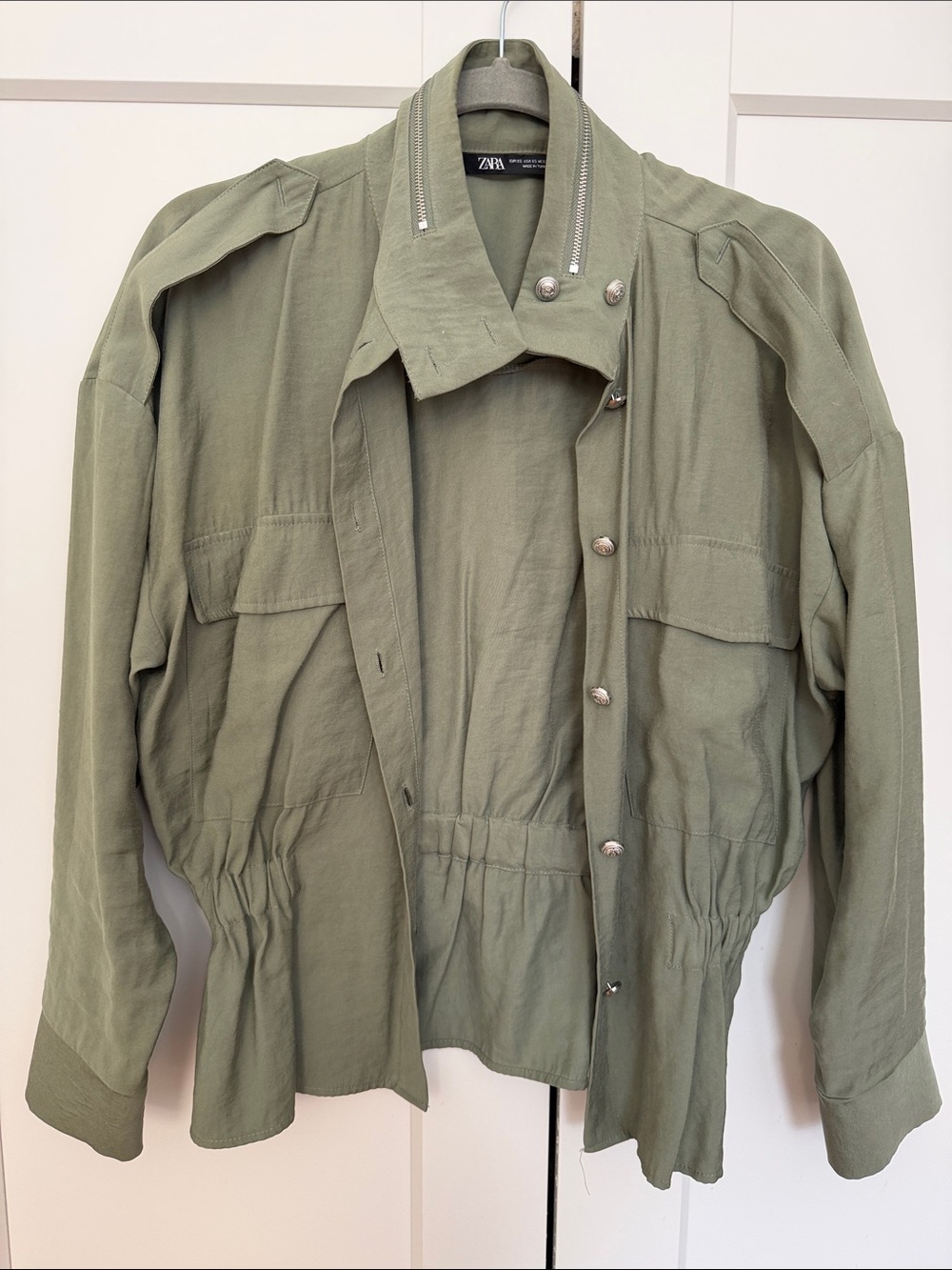 Zara Light Olive Green Utility Jacket with Drawstring Waist, XS Military Style